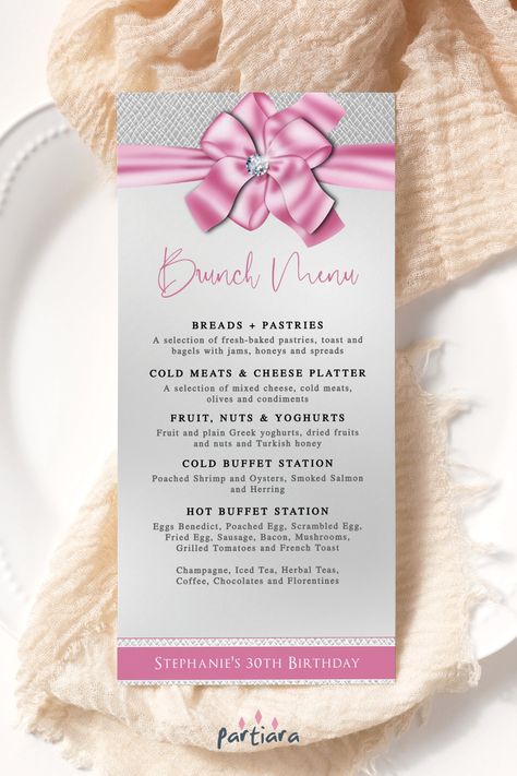 Birthday Menu Card, Pink Brunch, Party Food Menu, Nursing School Graduation Party, Buffet Stations, Pink Party Theme, Brunch Event, Pastel Baby Shower, Birthday Menu