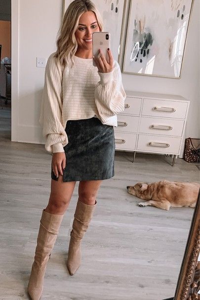 Neutral Knee High Boots Outfit, Sweater Skirt And Boots Outfit, Beige Suede Skirt Outfit, Tall Beige Boots Outfit, Winter Work Outfits For Women Business, Business Casual Outfits For Women Skirt, Tall Tan Boots Outfit, Tall Boots Outfit Fall, Winter Leather Skirt Outfit