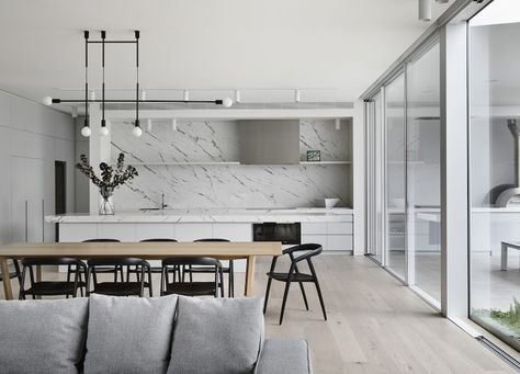 Grey Floorboards, Wolveridge Architects, Monochrome Architecture, Belgian Farmhouse, Brunswick House, Kitchen Lights, Est Living, Beach Side, The Local Project