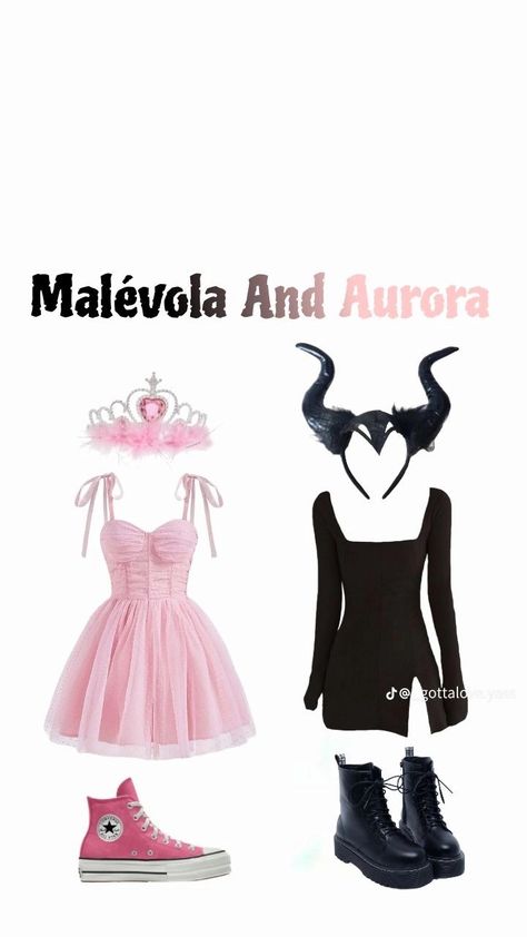 Malévola and Aurora Cute Aurora Costume, Maleficent And Aurora Costume Duo, Maleficent And Aurora Costume, Aurora Costume, Maleficent Costume, Duo Costumes, Duo Halloween Costumes, Trendy Halloween Costumes, Trendy Halloween