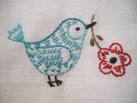 Simple Things To Embroider, Bluebird Embroidery, Fly Stitch, Stem Stitch, Birds Embroidery Designs, Embroidered Bird, Embroidery Transfers, Embroidery Patterns Vintage, Bird Embroidery