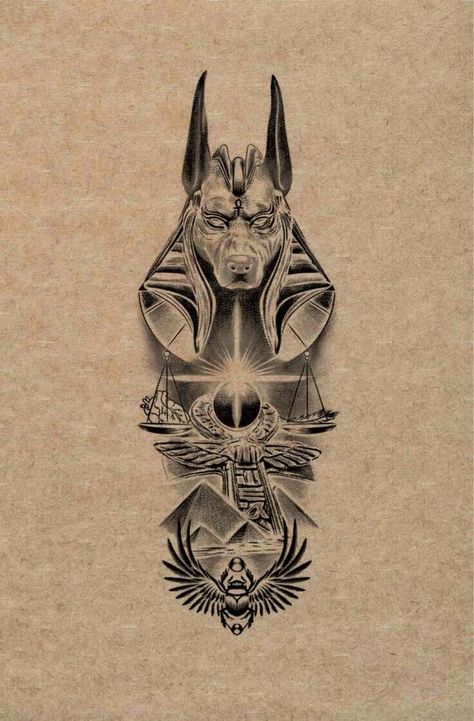 Egyptian Dog Tattoo, Anubis Tattoo Stencil, Egyptian Eye Symbol, Anubis Tattoo Design, Tattoo Anubis, Sphinx Tattoo, Egypt Tattoo Design, Thigh Tattoo Men, Egyptian Tattoo Sleeve