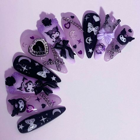 Purple Nail Art Simple, Kuromi Core, Kuromi Nails, Purple Nail Art, Gothic Nails, Hello Kitty Halloween, Kawaii Nails, Club Design, Purple Nails