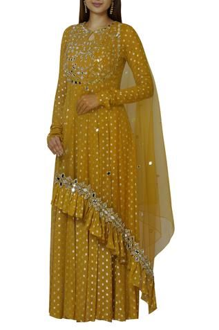 Shop for Silky Bindra Yellow Georgette Embroidered Anarkali With Dupatta for Women Online at Aza Fashions Gharara Designs, Anarkali With Dupatta, Choli Dress, Georgette Anarkali, Silk Anarkali, Rent Dresses, Embroidered Anarkali, Gotta Patti, Pakistani Fashion Casual