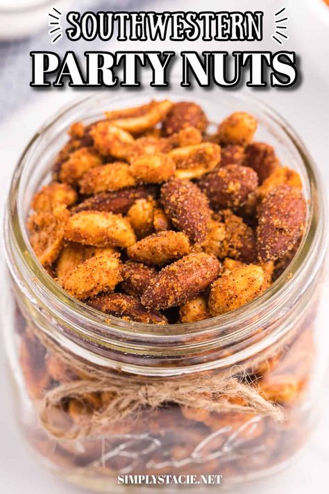 Southwestern Party Nuts Recipe - A dash of spice and hint of sweetness make for an addicting treat! Sweet And Spicy Mixed Nuts Recipe, Party Nuts Recipe, Candied Nuts Recipe, Roasted Nuts Recipe, Spiced Nuts Recipe, Seasoned Nuts, Spicy Nuts, Simply Stacie, Nut Snacks