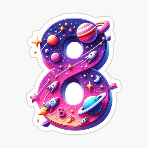 Number "8", designed with a vibrant cosmic theme. The number is adorned with various space-related elements including planets, stars, a rocket, and rings similar to Saturn's. The color palette is rich with purples, blues, pinks, and a touch of orange, crea Universe Decoration, Chocolate Techniques, Solar System Projects, Photo Cake Topper, Cosmic Galaxy, Number Art, Planet Design, Birthday Cake Topper Printable, Number 0