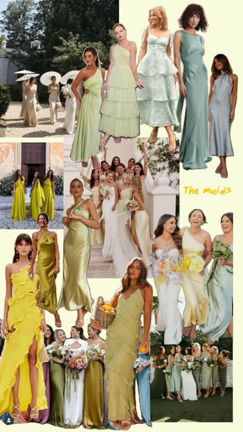 Yellow-green-blue bridesmaid variations and ideas. Bridesmaids Dresses Spring Colors, Wedding Guest Outfit Yellow, Blue Green Yellow Bridesmaid Dresses, Yellow Green Bridesmaid Dresses, Shades Of Yellow Bridesmaid Dresses, Green And Yellow Bridesmaid Dresses, Yellow And Green Bridesmaid Dresses, Green And White Bridesmaid Dresses, Green Blue Bridesmaid Dresses