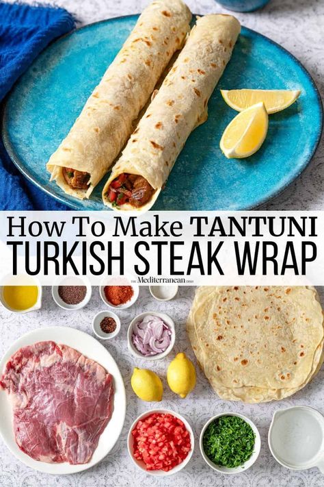 Turkish Dinner Recipes, Turkish Sandwich, Steak Wraps Recipes, Turkish Doner, Turkish Street Food, Best Mediterranean Recipes, Lavash Bread, Tomato And Onion Salad, Steak Wraps