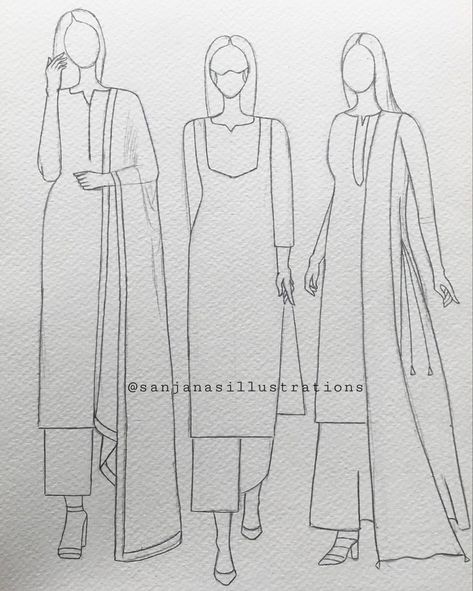 Kurti Drawing Sketches, Shalwar Kameez Drawing Sketch, Indian Clothes Drawing, Kurta Sketch, Kurti Drawing, Kurti Illustration, Croquis Fashion Illustration, Dress Illustration Art, Illustration Of Women