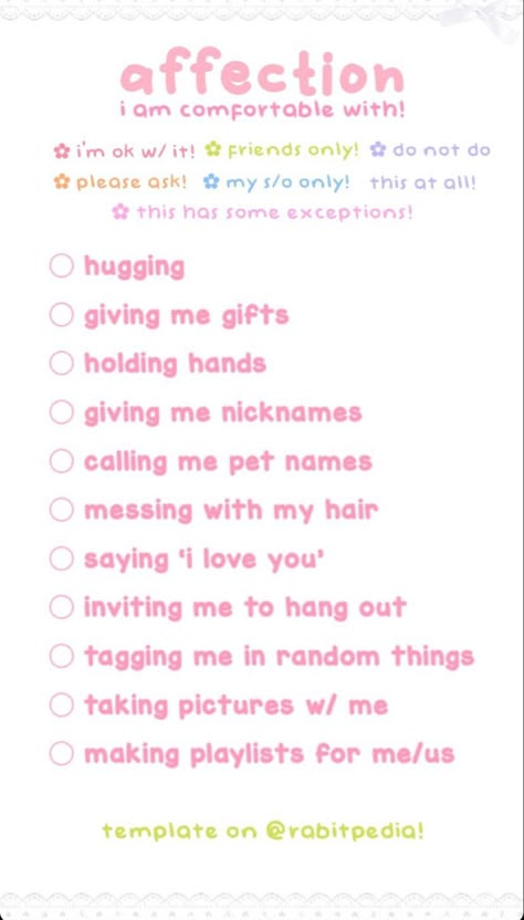 Stuff I Like List, This Sounds Like Your Comfort Character, This Or That Template My Type, Get To Know Me Sheet Aesthetic, Get To Know Me Sheet, Where To Touch Me Template, Nickname Boundaries Template, What Vibes Do I Give Off Chart, Nickname Template