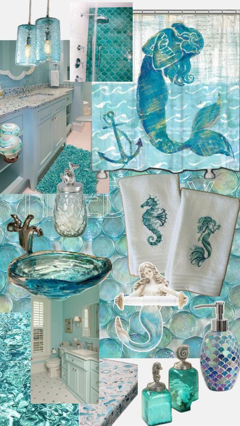 Aqua whimsical mermaid bathroom Mermaid Theme Bathroom, Mermaid Bathroom Ideas, Ocean Theme Bathroom, Whimsical Mermaid, Beach House Colors, Theme Bathroom, Mermaid Bathroom, Bohemian Cottage, Condo Design