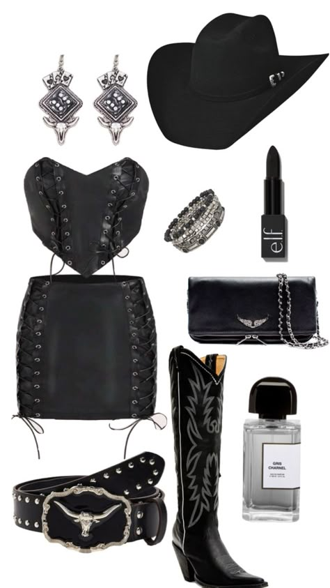 GOTH COWGIRL WESTERN CONCERT FESTIVAL OUTFIT INSPO OOTD COUNTRY CONCERT BLACK BOOTS GOTHIC Goth Western Outfits, Cowgirl Birthday Outfits, Yung Gravy Concert, Black Western Outfit, Cowgirl Birthday Outfit, Concert Festival Outfit, Edgy Cowgirl, Plus Size Concert Outfit, Cowboy Fits