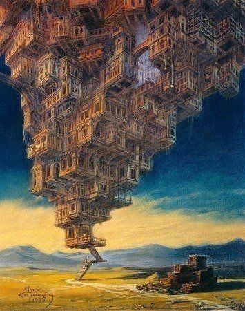 (Poland) Marcin kolpanowicz by Jacek Yerka (1952-  ). surrealism. acrylic on canvas. Invisible Cities, Artistic Painting, Tower Of Babel, City Painting, Surrealism Painting, Fantasy City, Futuristic Art, 판타지 아트, World Art