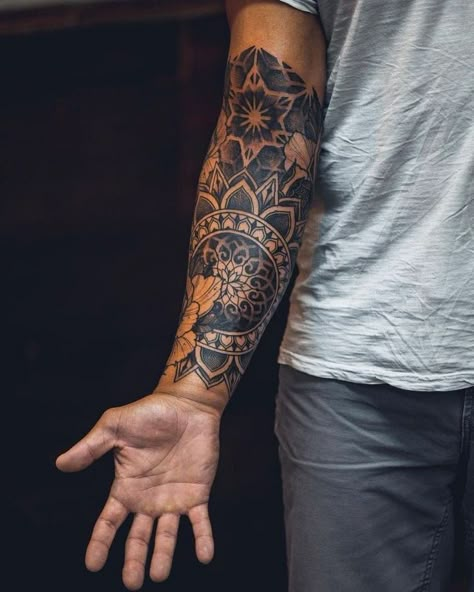 Flower Tattoo Sleeve Men, Mandala Arm Tattoos, Mandala Tattoo Men, Traditional Black Tattoo, Magic Runes, Black Art Tattoo, Tattoo Outline Drawing, Elbow Tattoos, Flower Tattoo Sleeve