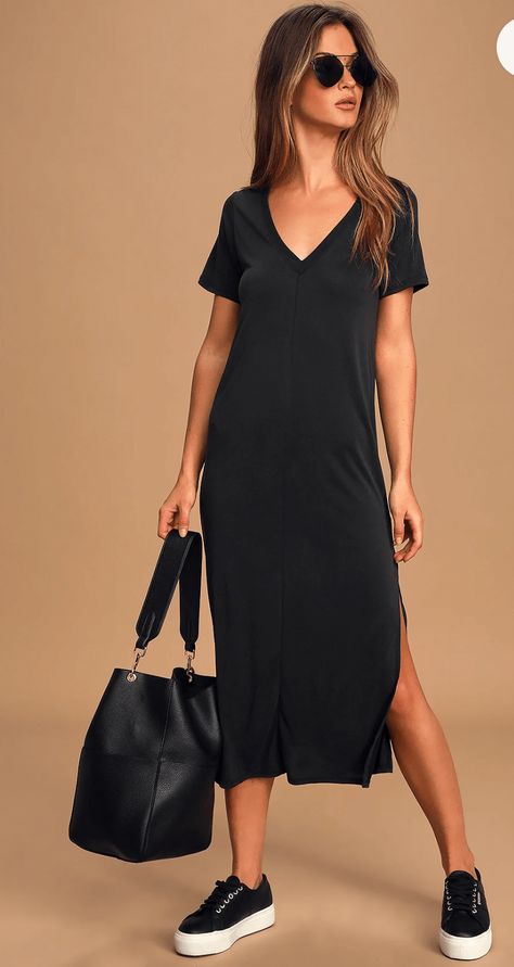 Midi T Shirt Dress, Midi Dress Outfit, Shirt Dress Outfit, Midi Short Sleeve Dress, Mod Dress, Black Midi, Looks Chic, Fall Fashion Trends, Mode Inspiration