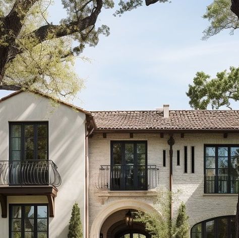 Black Windows Brown Roof, Paint Combos, Classical Facade, Terracotta Roof Tiles, Arched Doorways, Terracotta Roof, Brown Roof, Front Facade, Home Vision Board