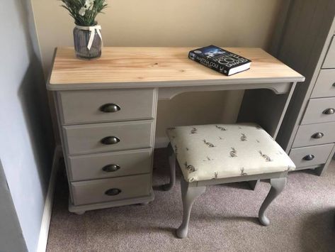 Pine Desk Upcycle, Pine Dressing Table Upcycle, Devon Aesthetic, Upcycled Dressing Table, Blue Blinds, Half Moon Handles, Refurbished Desk, Upcycle Desk, Shabby Chic Furniture Diy