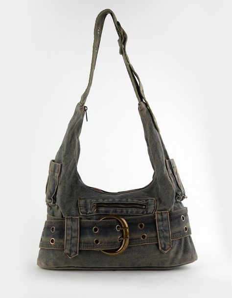 Vintage Denim Bag. Denim Shoulder Bag Featuring Oversized Buckle Details. Shoulder Strap With Adjustable Buckle. Main Compartment With Zip Closure. Exterior Zip Pocket. 2 Exterior Side Pockets. Exterior Belt With Buckle Allows You To Customize The Bag. Approximate Bag Dimensions: 15" (w) X 8" (h) X 3.5" (d). 100% Cotton. Imported. Flap Messenger Bag, Outfit With Crossbody Bag, Grunge Bag Aesthetic, Denim Purses And Bags Old Jeans, Grunge Bags, Shoulder Bags Aesthetic, Pirate Bag, 2000s Fashion Grunge, Belt Aesthetic