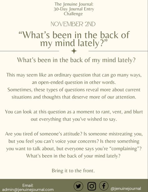 Check out the facebook page of this 30-Day Journal Entry Challenge & Subscribe to their newsletter to receive the Challenge Calendar! #fashion #christmas #nanowrimo #writing #writingprompt #writingchallenge #journal #journaling #journalwithme #journalprompts #newsletter #canvatemplates #mentalhealth #mentalhealthjournal #shadowwork Challenge Calendar, 30 Day Writing Challenge, Back Of My Mind, Hello How Are You, Open Ended Questions, Blurting Out, Journal Entry, Writing Challenge, Fashion Christmas