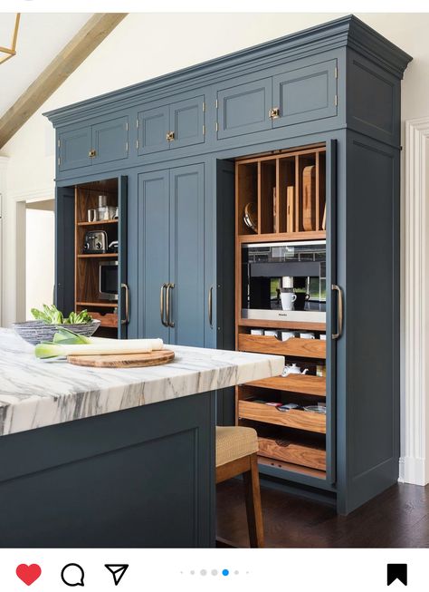 Vaulted Ceiling Kitchen, Blue Kitchen Island, Kitchen Larder, Bungalow Exterior, Kitchen Pantry Design, Blue Kitchen, Transitional Kitchen, River House, Pantry Design