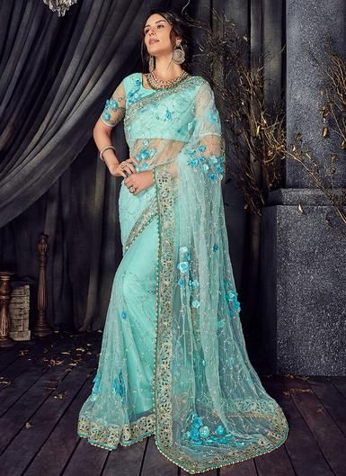 Light Blue Floral Net Saree Sky Blue Colour Saree, Blue Colour Saree, Sky Blue Saree, Sky Blue Colour, Designer Sarees Wedding, Sari Design, Party Sarees, Salwar Kamiz, Indian Sarees Online