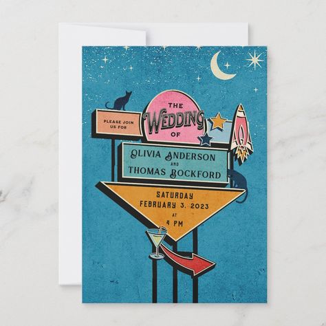 Retro Wedding Invitations, Billboard Signs, Bold Color Schemes, Wedding Anniversary Invitations, Anniversary Invitations, Retro Wedding, Bold Typography, Modern Invitation, Futurism