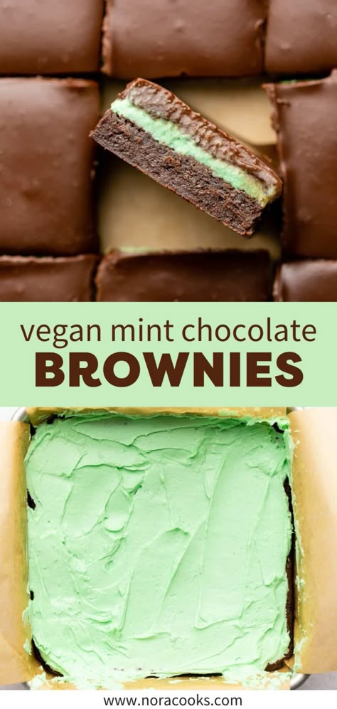 Vegan Mint Brownies, Vegan Fudge Brownies, Fudgy Vegan Brownies, Vegan Blondies, Bakery Inspiration, Vegan Bars, Nora Cooks, Chocolate Mint Brownies, Mint Frosting