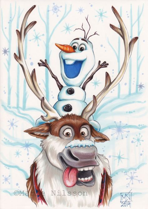 Sven And Olaf, Frozen Drawings, Frozen Snowman, Disney Olaf, Frozen Art, Disney Paintings, Art Disney, Disney Films, Disney Fan Art