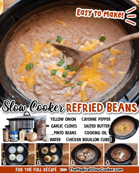 Slow Cooker Refried Beans are ultra creamy because of the entire stick of butter that is added! #refriedbeans #slowcooker #crockpot #pintobeans Slow Cooker Refried Beans, Crockpot Refried Beans, Mexican Slow Cooker, Mexican Cookbook, Make Refried Beans, Magical Slow Cooker, Beans In Crockpot, Homemade Refried Beans, Refried Beans Recipe