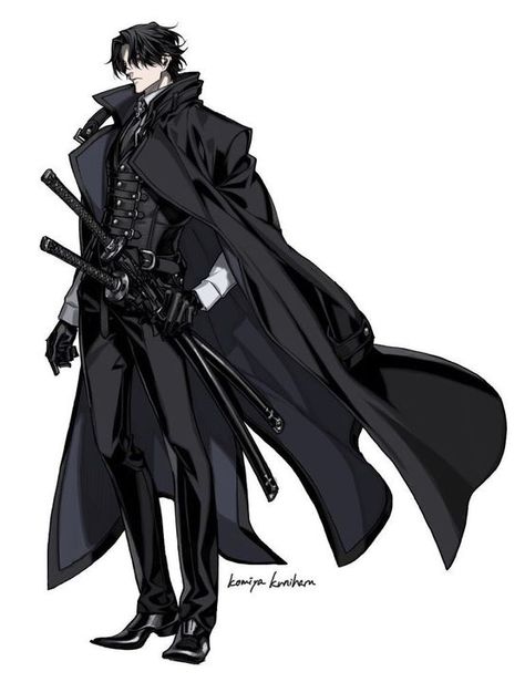 Anime Black Clothes, Duke Character Design, Black Swordsman Oc, Swordsman Character Design, Coat Character Design, Cape Drawing References, Long Hair Male Character Design, Male Character Designs, Swordsman Oc