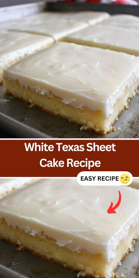 Looking for an easy and delicious dessert recipe? Try this White Texas Sheet Cake! Moist and buttery with a creamy vanilla frosting, it's perfect for family gatherings, potlucks, and celebrations. This classic cake is quick to make and always a crowd-pleaser. Ideal for those who love simple, homemade desserts, this sheet cake recipe is sure to become a favorite. Make it ahead and enjoy a delicious treat any time. Texas White Sheet Cake, Texas Sheet Cake With Box Cake, Vanilla Texas Sheet Cake Recipe, Large Sheet Cake Recipe, Sheet Pan Cake Recipes, White Cake Mix Desserts, White Sheet Cake Recipe, Sheet Cakes Recipes, Make Ahead Desserts For A Crowd