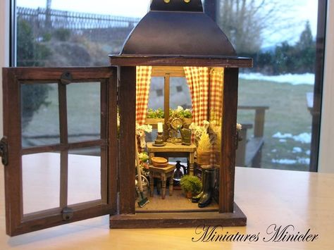 Miniature Garden Potting Bench Fairy Lanterns, Lantern Ideas, Miniature Rooms, Vintage Lamp, Christmas Lanterns, Barbie Furniture, Miniature Houses, Miniature Crafts, Decoration Inspiration