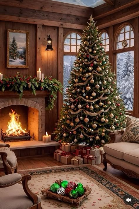 The Magical Holidays of Christmas & Winter ⛄️❄️🎄🎅🏻 | Beautiful Christmas cabin | Facebook Christmas Tree In Bathroom, Cottage At Christmas, Christmas Scenes Photography, Christmas Cabin Aesthetic, Christmas Aesthetic Vintage, Christmas Cabins, Cozy Cabin Christmas, Warm Christmas Decor, Christmas Setup