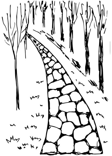 Stone path, alley, trees, a walk in the park, the road into the distance. Vector ink drawing. How To Draw A Pathway, Stone Pathway Drawing, Pathway Sketch, Path Inktober, Pathway Drawing, October Drawings, Path Drawing, Black Pen Sketches, Road Drawing