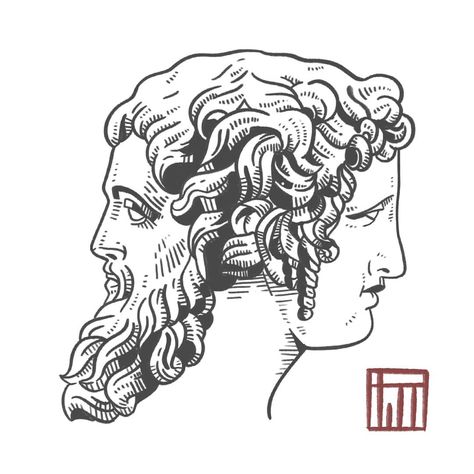 Roman Inspired Tattoos, Janus Tattoo, Jv Tattoo, Roman Illustration, Greek Drawing, Inspo Tattoo, G Tattoo, Statue Tattoo, Greek And Roman Mythology