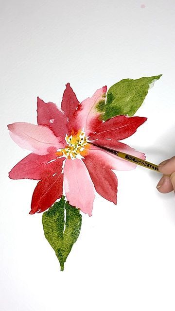 New Years Watercolor Ideas, Watercolor Poinsettia Christmas Cards, Pointsetta Watercolor, Watercolor Poinsettia Tutorial, Paint Poinsettia, Watercolour Poinsettia, Christmas Watercolours, Poinsettia Painting, Winter Watercolors