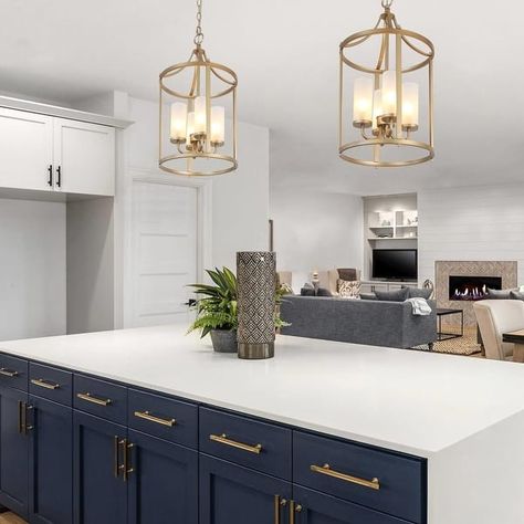 Pendent Lighting Over Island Modern Brass, Dark Blue Island Kitchen Pendant Lights & Chandeliers, Champagne Gold Light Fixture, Beautiful Light Fixtures, Modern Glam Light Fixtures, Gold Chandelier Kitchen, Kitchen Island Pendant Lights Gold, Gold Island Lighting, Blue And Gold Kitchen Ideas