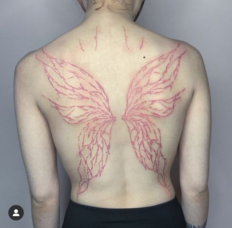 Big Wing Tattoo On Back, Angle Wings Tattoo Back, Big Wings Tattoo, Line Work Back Tattoo, Angle Wing Tattoos, Fairy Wings Tattoo, Fairy Wing Tattoos, Pink Fairy Wings, Wing Tattoos On Back