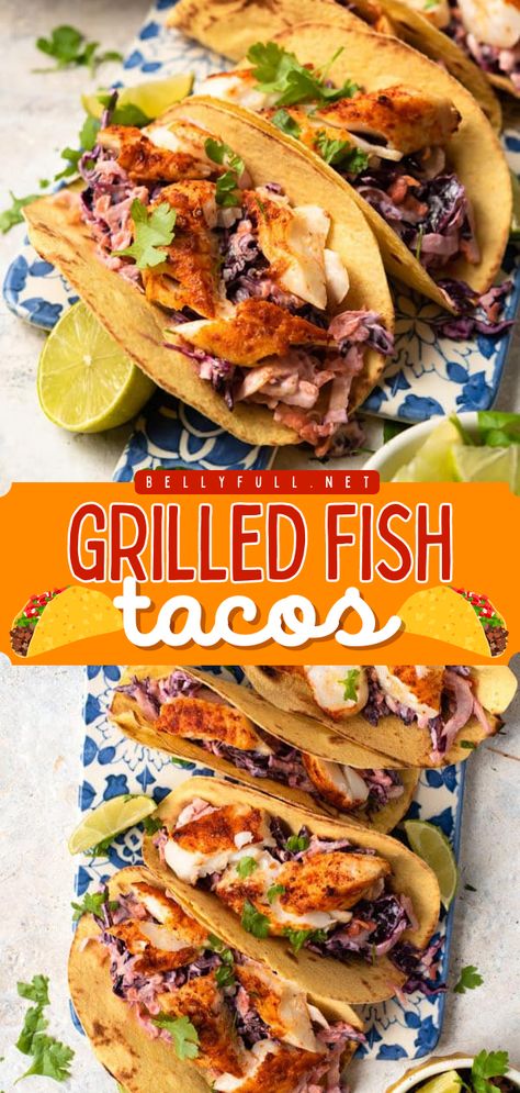 You'll love these easy Grilled Fish Tacos! Incredibly delicious yet healthy, they're the perfect addition to your Memorial Day food ideas and Father's Day dinner. Feel free to use tilapia, cod, mahi mahi, or halibut for this summer grilling recipe! Halibut Tacos Recipes, Halibut Fish Tacos, Halibut Tacos, Crunchy Coleslaw, Grilled Cod, Grilled Fish Tacos, Grilled Halibut, Healthy And Unhealthy Food, Fried Fish Recipes