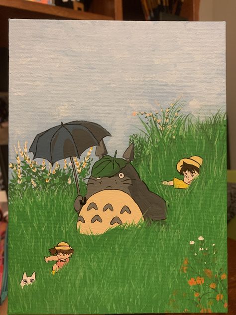 Ghibli Painting Ideas Easy, My Neighbor Totoro Drawing, Ghibli Painting Ideas, Totoro Painting Easy, Painting Ideas On Canvas Studio Ghibli, Totoro Canvas Painting, Studio Ghibli Painting Ideas, My Neighbor Totoro Painting, My Neighbor Totoro Painting Easy