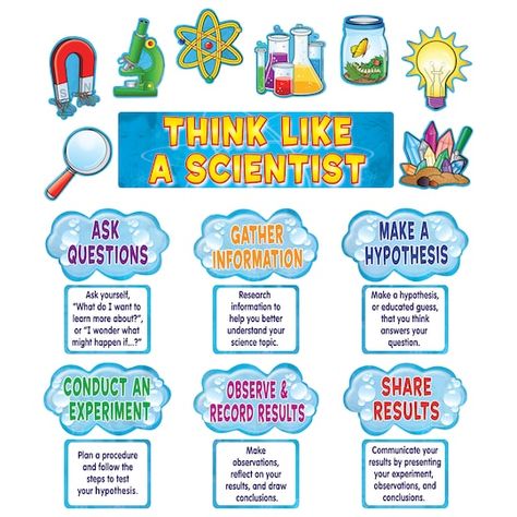 "Remind students of the steps of the scientific method. The teacher's guide suggests several science project ideas that will help encourage students to think like a scientist. Remind students of the steps of the scientific method. The teacher's guide suggests several science project ideas that will help encourage students to think like a scientist. Details: 20\" x 5.5\" Acid Free 37 piece set | Teacher Created Resources Think Like a Scientist Mini Bulletin Board Set | Michaels®" Think Like A Scientist, Science Bulletin Boards, Science Classroom Decorations, Teacher Bulletin Boards, The Scientific Method, Science Topics, Bulletin Board Sets, Teacher Created Resources, Science Project