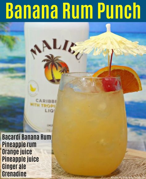 Banana Rum Drinks, Banana Punch, Rum And Orange Juice, Caramel Apple Dump Cake, Banana Rum, Christmas Punch Recipes, Pineapple Rum, Christmas Punch, Kitchen Fun