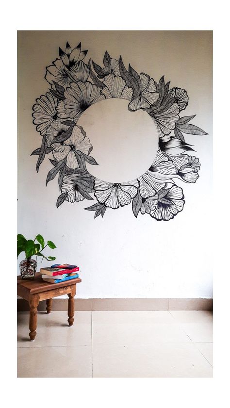 Wall Mural Colorful, Black And White Murals, Craft Room Mural, Flower Drawing On Wall, Wallpaintings Ideas, Black Wall Ideas, Dark Color Schemes, Living Room Rug Ideas, Pink And Grey Room Ideas