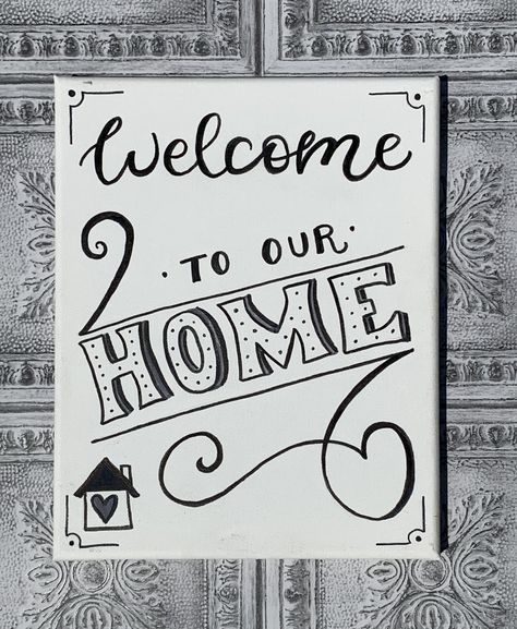 "Welcome to our Home" 8x10 Hand-lettered Quote on Canvas, perfect for the home, black and white design go with any decor, small home illustration in corner.Welcome to our Home Hand-lettered Quote Canvas, home, welcome, hand-lettered, canvas, quote, calligraphy, handmade, home decor, sign Quote On Canvas, Home Black And White, Welcome Home Decorations, Home Illustration, Birthday Card Drawing, Quote Canvas, Welcome To Our Home, 3d Svg, Hand Lettering Quotes