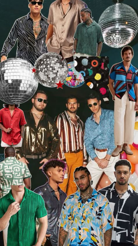 Disco Chic Outfit Men, Retro Disco Outfit For Men, Men’s Disco Party Outfit, Disco Themed Party Outfit Men, 70s Disco Outfit Men, Glitz And Glam Men Outfit, Disco Party Outfit Ideas Men, Modern Disco Outfit Men, Disco Glam Outfits Men