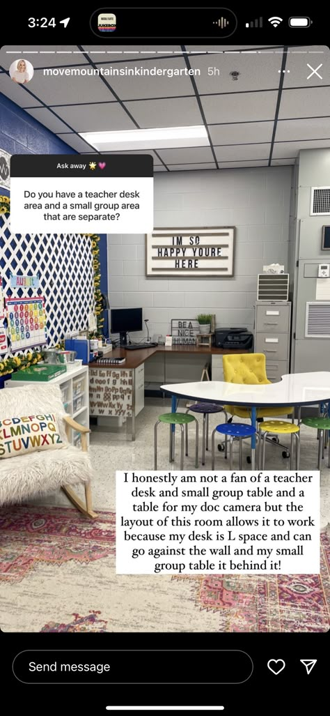 Small Group Table As Teacher Desk, Teacher Computer Area, Teacher Desk With Small Group Table, Teacher Area And Small Group Table, Teachers Aide Desk Ideas, Elementary Teacher Desk Area, Teacher Desk Area Decor, Desk Arrangements Elementary, Teacher Desk And Small Group Table