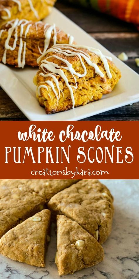 White Chocolate Pumpkin Scones - a perfect fall scone recipe. Loaded with white chocolate, topped with cinnamon sugar, and drizzled with white chocolate, these scones are amazing! #pumpkinsconerecipe #pumpkinscones #whitechocolatepumpkinscones #creationsbykara #sconerecipe White Chocolate Pumpkin Scones, Halloween Scones, White Chocolate Scones Recipe, White Chocolate Scones, Pumpkin Scones Recipe, Chocolate Scones, Future Chef, Scone Recipes, Pumpkin Scones