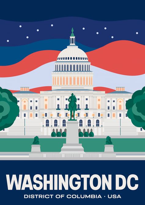 A modern, illustrated travel poster showing the United States Capitol in Washington DC, United States of America. America Illustration, Washington Dc Poster, State Posters, United States Capitol, Dc United, Tourism Poster, Global City, Travel Globe, Poster City