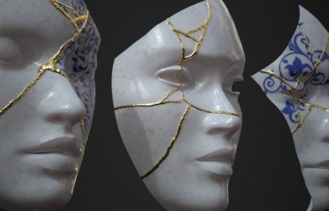 Kintsugi Art, Broken Pieces, Arte Sketchbook, Robots Concept, Robot Concept Art, Dnd Characters, Porcelain Dolls, Blue And Gold, Mask Design