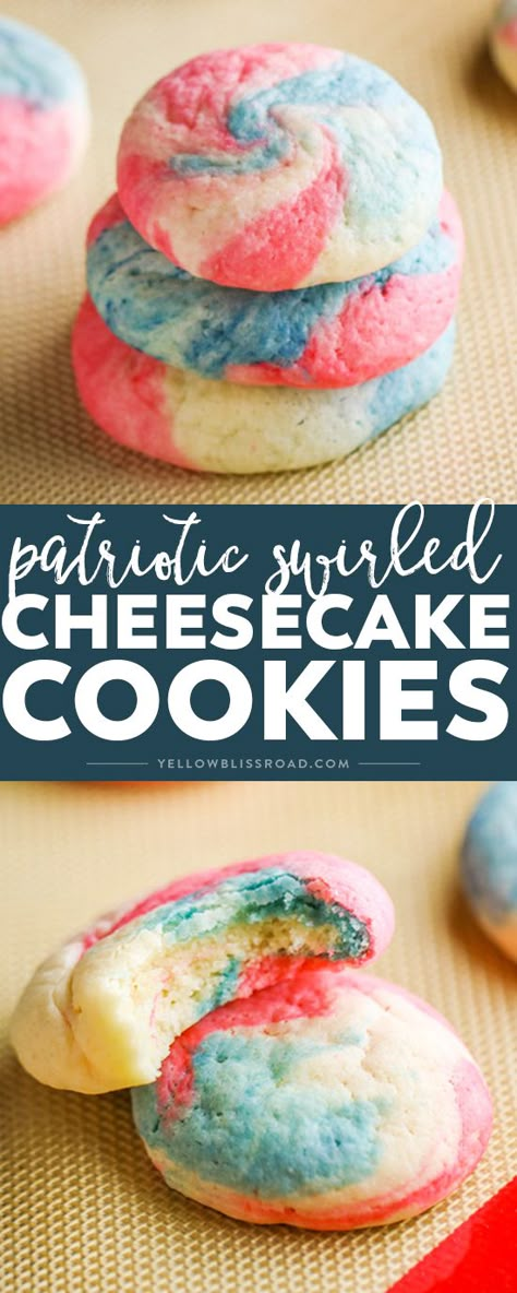 These Patriotic Cheesecake Cookies are an adorable version of our classic cookie. Created in a swirl of red, white and blue, they are the perfect dessert for Fourth of July! Patriotic Cheesecake, Patriotic Food, 4th Of July Desserts, Fourth Of July Food, Cheesecake Cookies, Classic Cookies, 4th Of July Party, July Party, Perfect Desserts